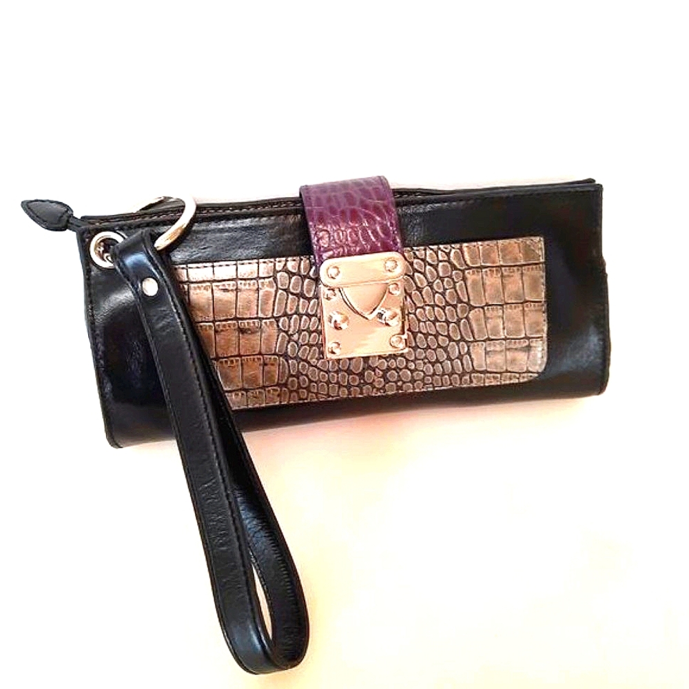 Vintage Sharif Leather Clutch Purse Wristlet Black Purple Silver Croc Cheetah